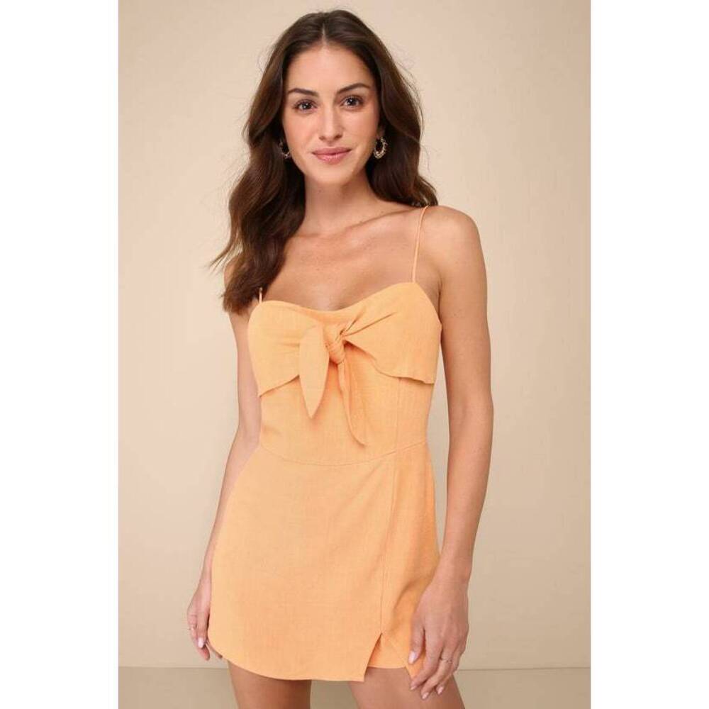 Lulus Sunny Favorite Orange Linen Sleeveless Tie-front Romper - Size M